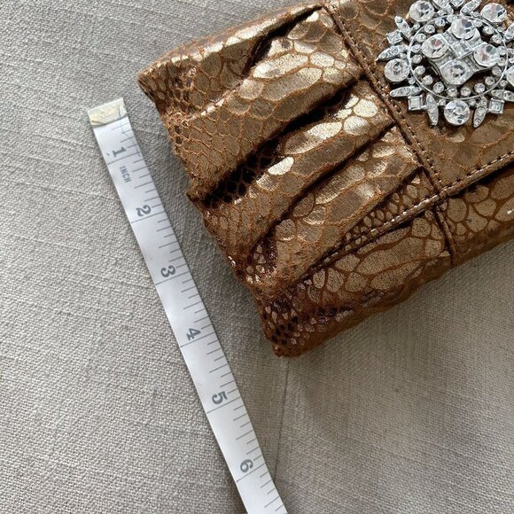 Iman Bronze Metallic Snake Embossed Bow Shaped Clutch with Crystal Embellishment - Picture 6 of 8